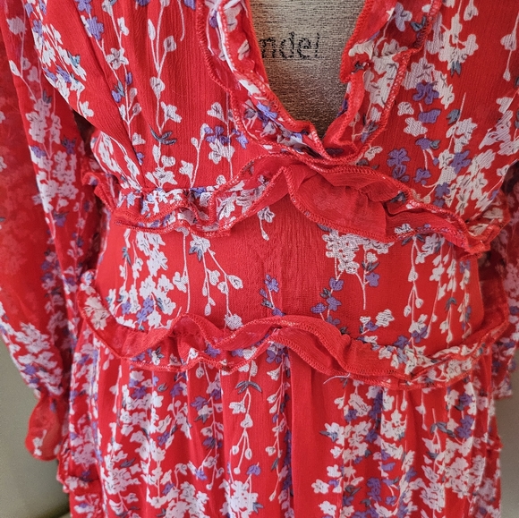 Red Floral Ruffle Open Back Dress M Medium Long Balloon Poof Sleeve - Picture 6 of 11
